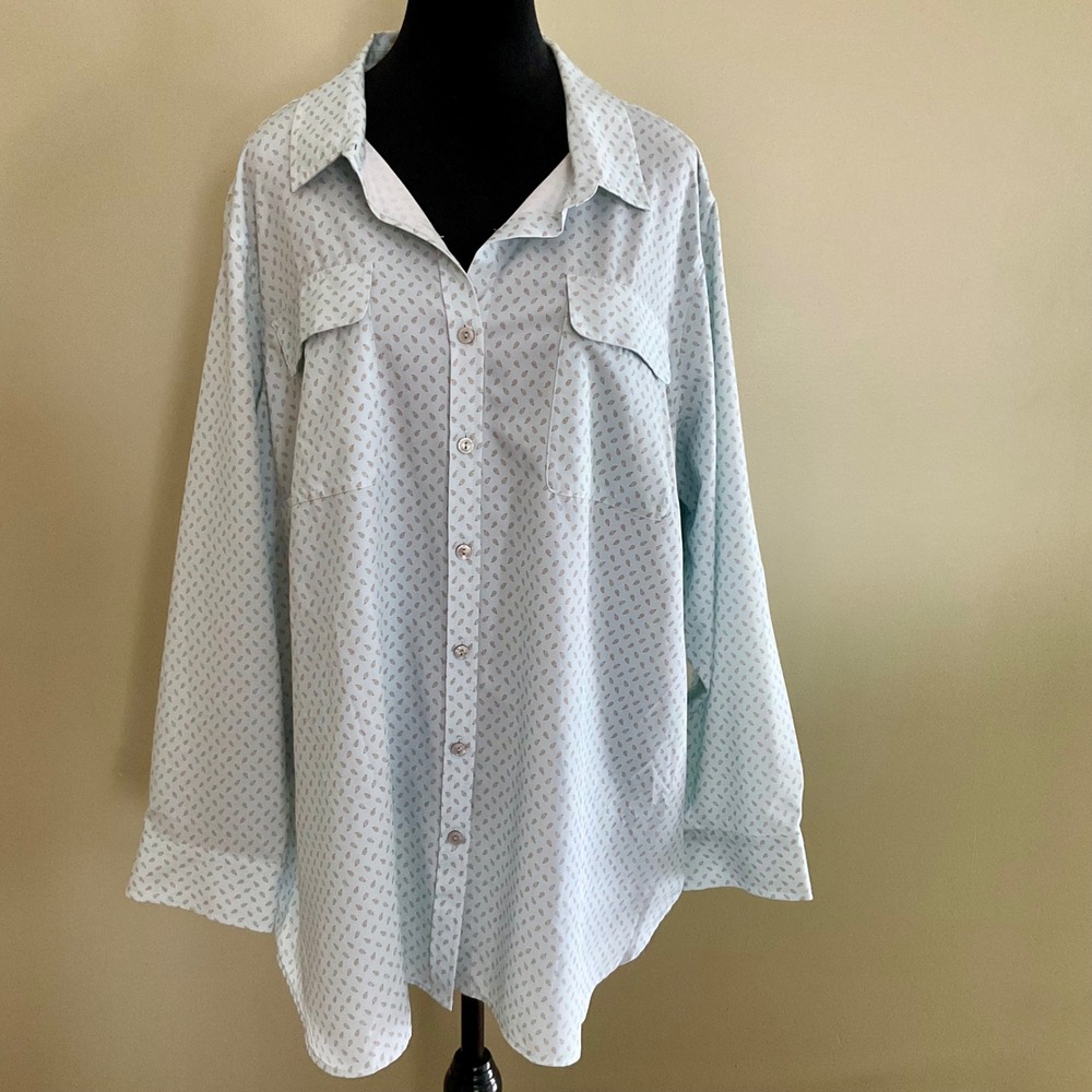 Blue Teardrop Print Long Sleeve Button Up Shirt Zip Pocket 2X Career Office Wear - Picture 2 of 14